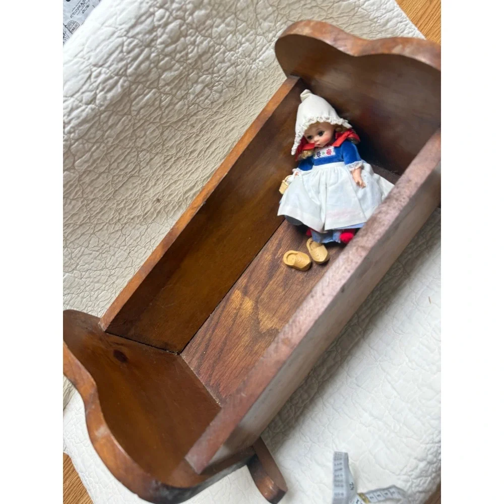Vintage Handmade Wooden Doll Cradle Brown Natural Wood 12in